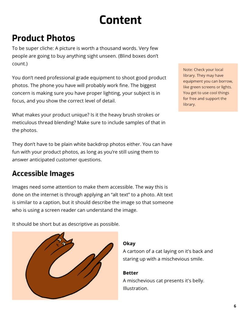 A sample page about Content. It is mostly text, except for a handdrawn picture of a cat.